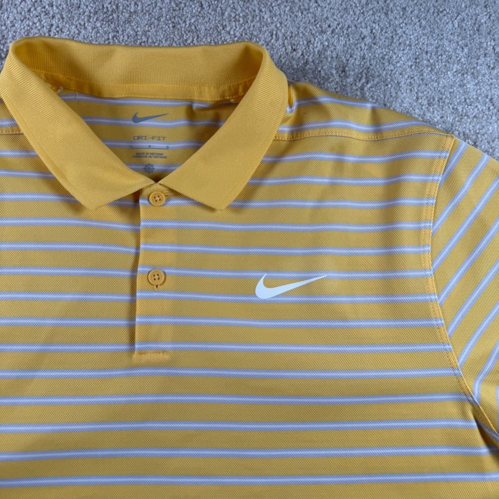 Nike Dri-FIT Mens Large Yellow White Striped Short Sleeve Golf Polo Shirt